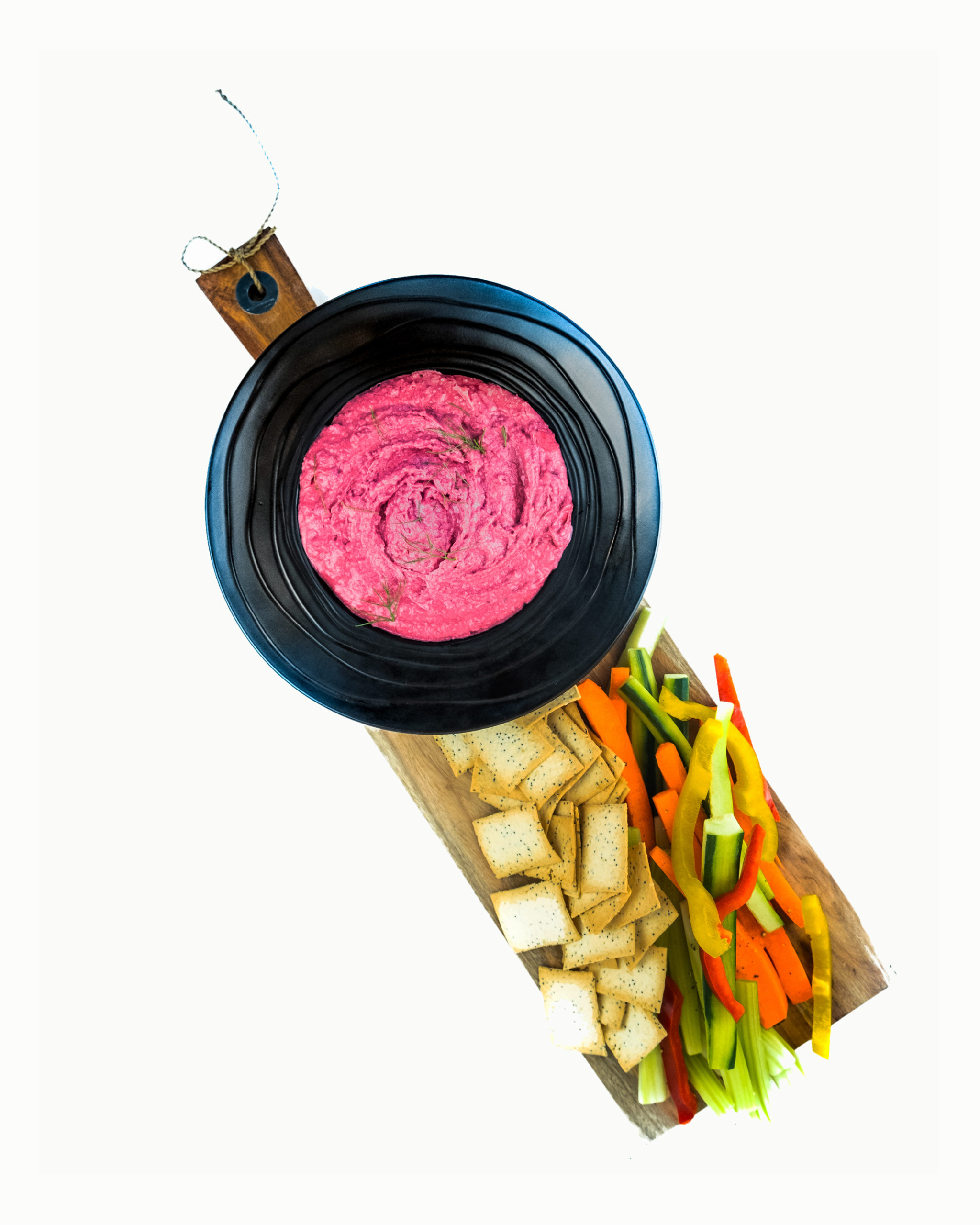 Beetroot Dip With Veggie Sticks and Crackers